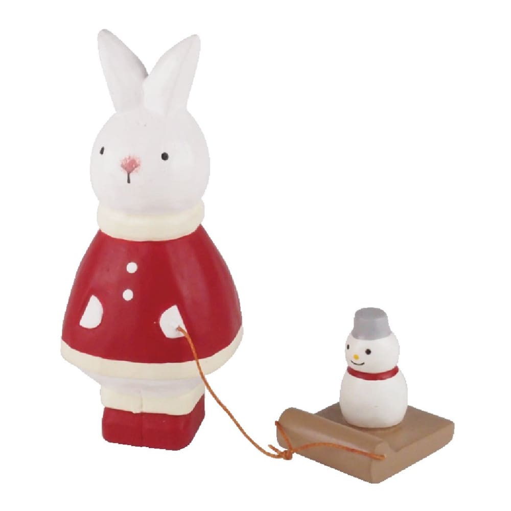 Figurine Lapin de Noël avec Bonhomme de Neige en Bois