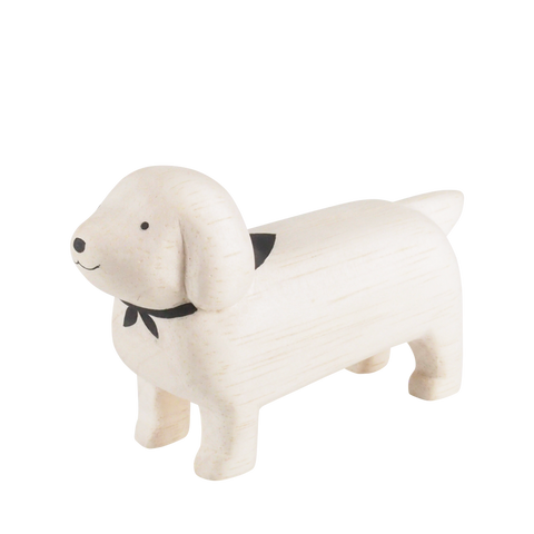 Perro salchicha blanco en madera | Despacio